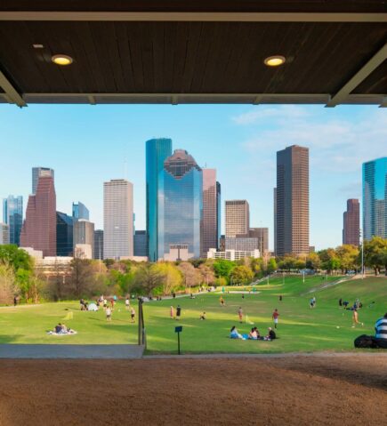 Houston skyline and park view representing one of the key TotalEnergies Offices in North America.