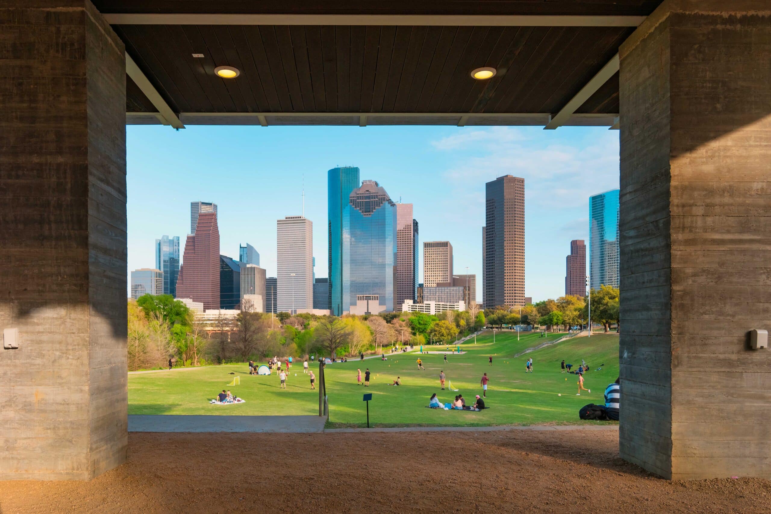 Houston skyline and park view representing one of the key TotalEnergies Offices in North America.